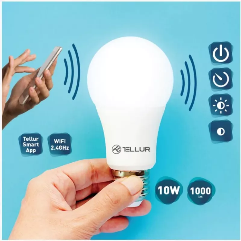 Tellur WiFi Smart Glühbirne E27, 10W Weiß/Warm, Dimmer