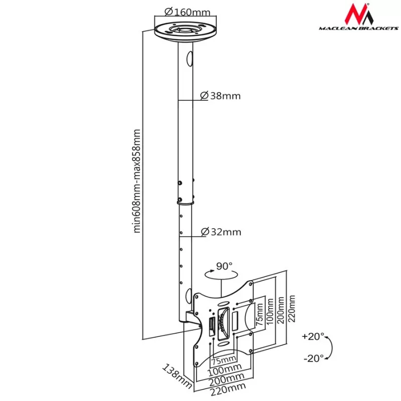 Maclean MC-504A B TV Deckenhalterung 23-42 50 - 85 cm 30kg Schwarz