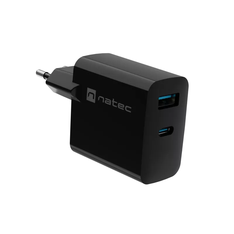 Kabelgebundes Mobilgeräte-Ladegerät NATEC NUC-2143, 45 W, USB-C PD 3.0 + USB-A QC 3.0, 110–240 V, Schwarz