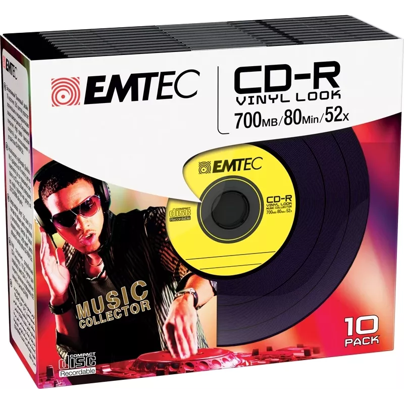 EMTEC Vinyl Look - 10 x CD-R - 700 MB (80 Min) 52x - Blau, Gelb, Flieder, Grün, Pink - Slim Jewel Case