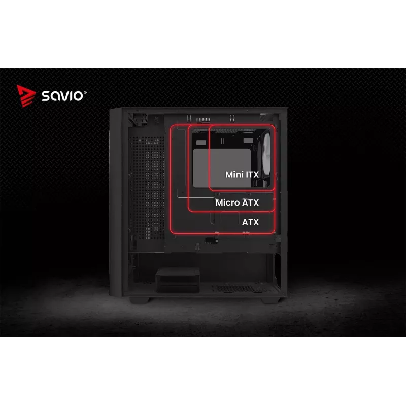 PC-Gehäuse SAVIO Noctis Flow RGB — Cube, ATX/Mini-ITX, 3x 120 mm Frontlüfter, Seitenfenster aus gehärtetem Glas, max. GPU 35 cm