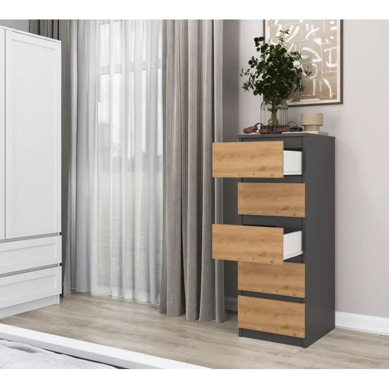 Kommode Top e Shop W5 ANT/ART, 5 Schubladen, Anthrazit/Eiche, Spanplatte