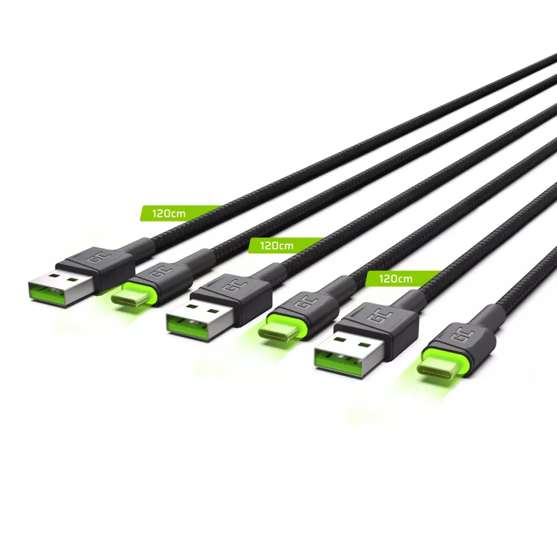 USB-C-Kabel Grün Cell KABGCSET02 1,2 m (USB-A auf USB-C, 2,4 A, 480 Mbit/s) 3er-Pack mit LED-Hintergrundbeleuchtung