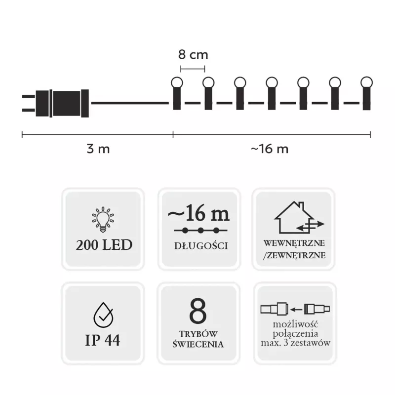 LED-Lichterkette Extralink 200 Birnen kaltweiß, Durchmesser 3+ mm, Länge 16 m