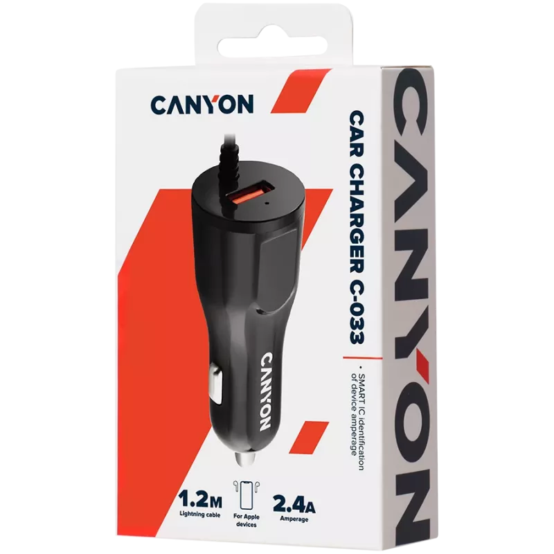 CANYON Kfz-Ladegerät C-033 2,4A/USB-A integrierter Lightning-Anschluss Schwarz