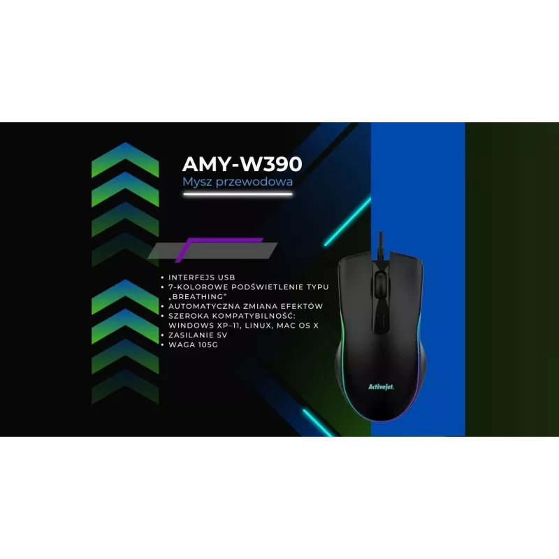 Kabelgebundene beheizte Gaming-Maus ActiveJet AMY-W390 — beidhändig, optisch 2000 DPI, USB Typ-A, 4 Tasten, schwarz