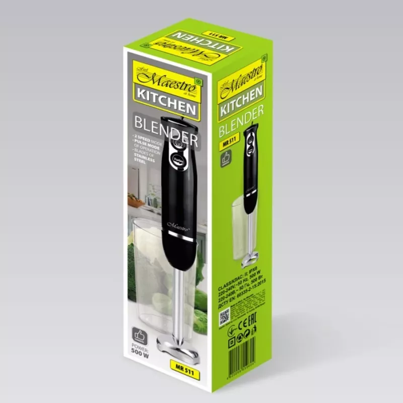 Kochmixer Maestro MR-511 — 500 W, 2 Geschwindigkeiten, Impuls, Turbo, abnehmbarer 900-ml-Behälter, Edelstahlmesser, schwarz