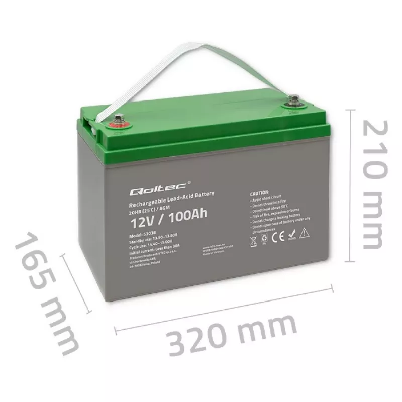 Qoltec 53038 AGM-Batterie | 12V | 100Ah | max 1200A