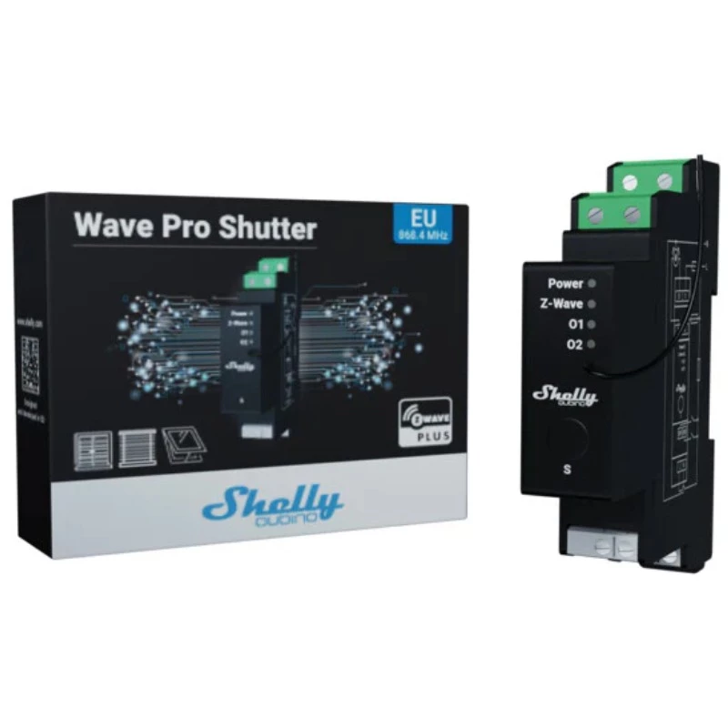 Rollladensteuerung Shelly Wave Pro Shutter, schwarz, Kunststoffgehäuse, 110–240 V AC, 50–60 Hz, 0,3 W, 19×69×94 mm