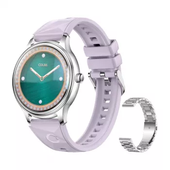 Smartwatch Colmi L28 Silber-Lila mit lilafarbenem Lederarmband
