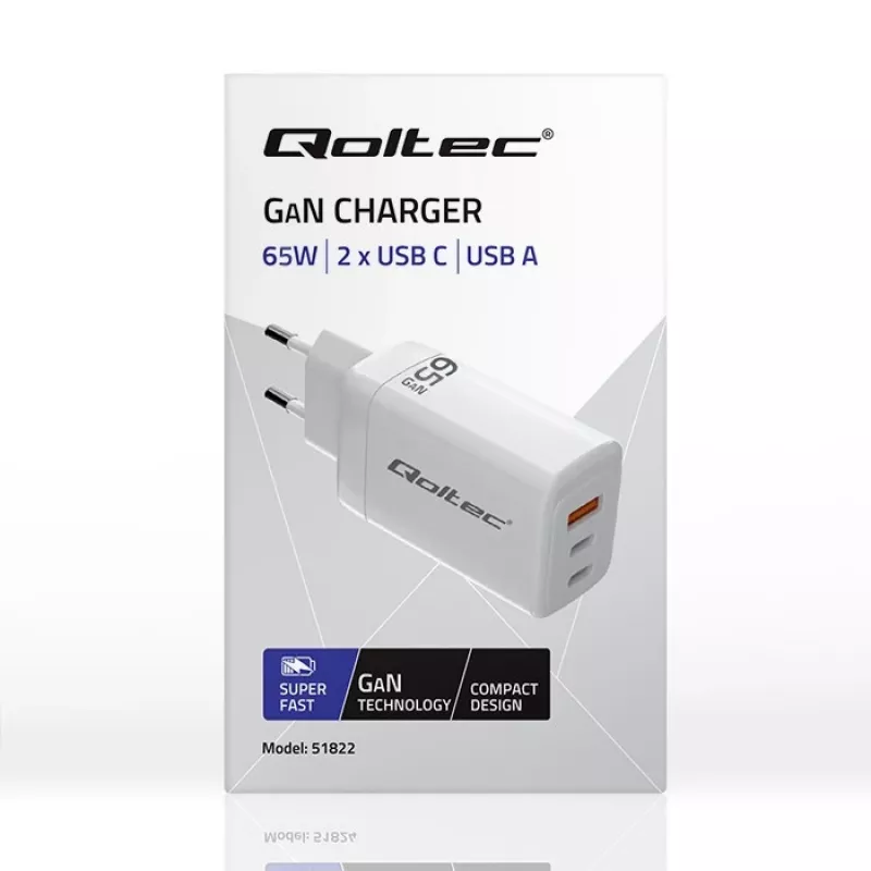 GaN Ladegerät QOLTEC 51822 65W 2×USB A 2×USB‑C