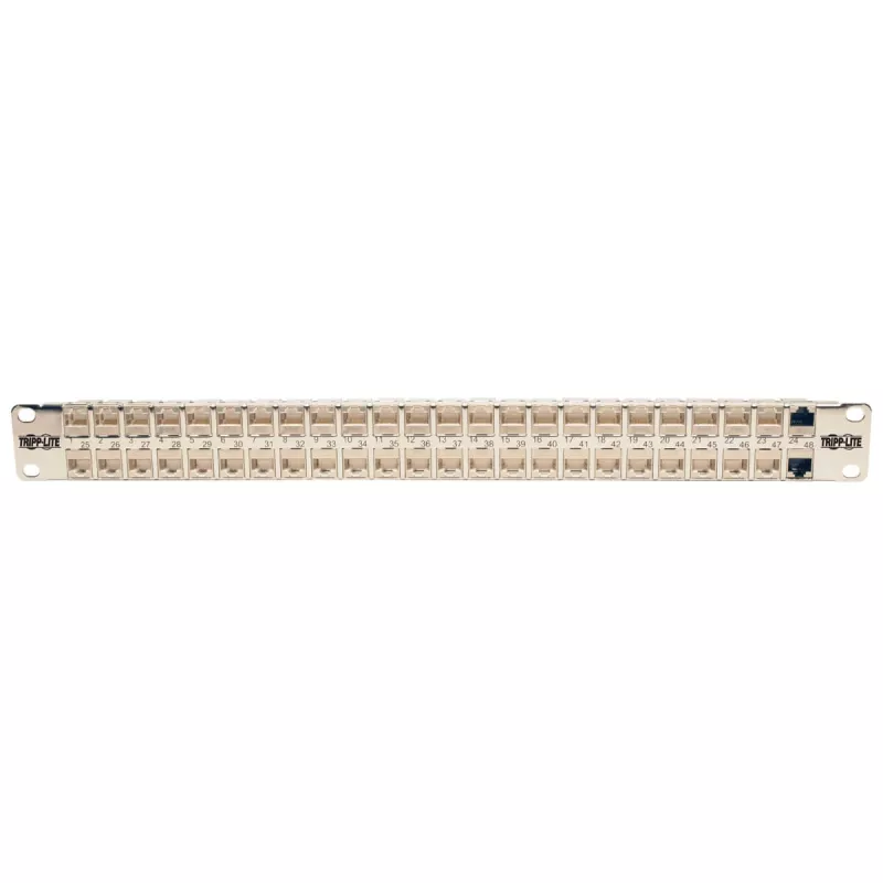 Tripp N254-048-SH-6A 48 Ports 1 HE Rackmontage geschirmtes Cat6a STP Durchgangs-Patchpanel - RJ45 Ethernet - TAA - 10 Gigabit Ethernet - RJ-45 - Cat6a - Silber - Weiß - Rackeinbau