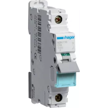 Hager NDN116. Bemessungsstrom: 16 A. Typ: D-Charakteristik, Modulanzahl (max): 1 Modul(e). Breite: 17,5 mm, Tiefe: 70 mm, Höhe: 83 mm (NDN116)
