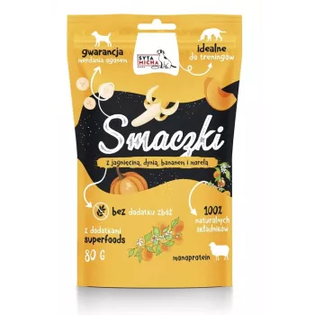 Hundeleckerlis SYTA MICHA Leckerlis mit Lamm, Kürbis, Banane & Aprikose 80 g — getreidefrei, hypoallergen, für ausgewachsene Hunde