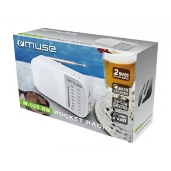 Tragbares Radio Muse M-025 RW — analoges UKW/MW, weiß, batteriebetrieben, externe Antenne