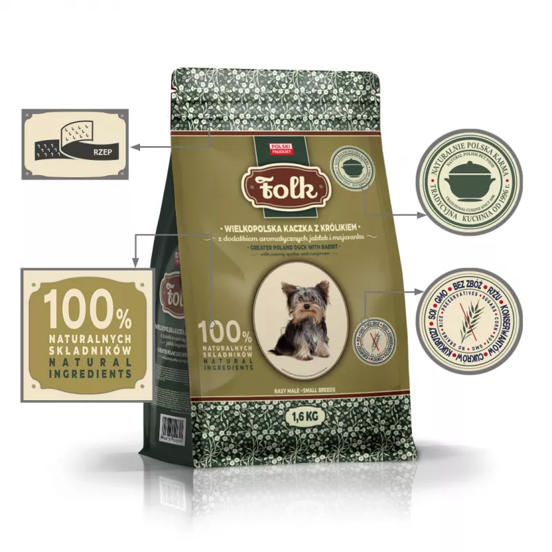 FOLK Small breeds Traditional Greater Poland duck with rabbit, apples and marjoram - Trockenfutter für Hunde - 1,6 kg