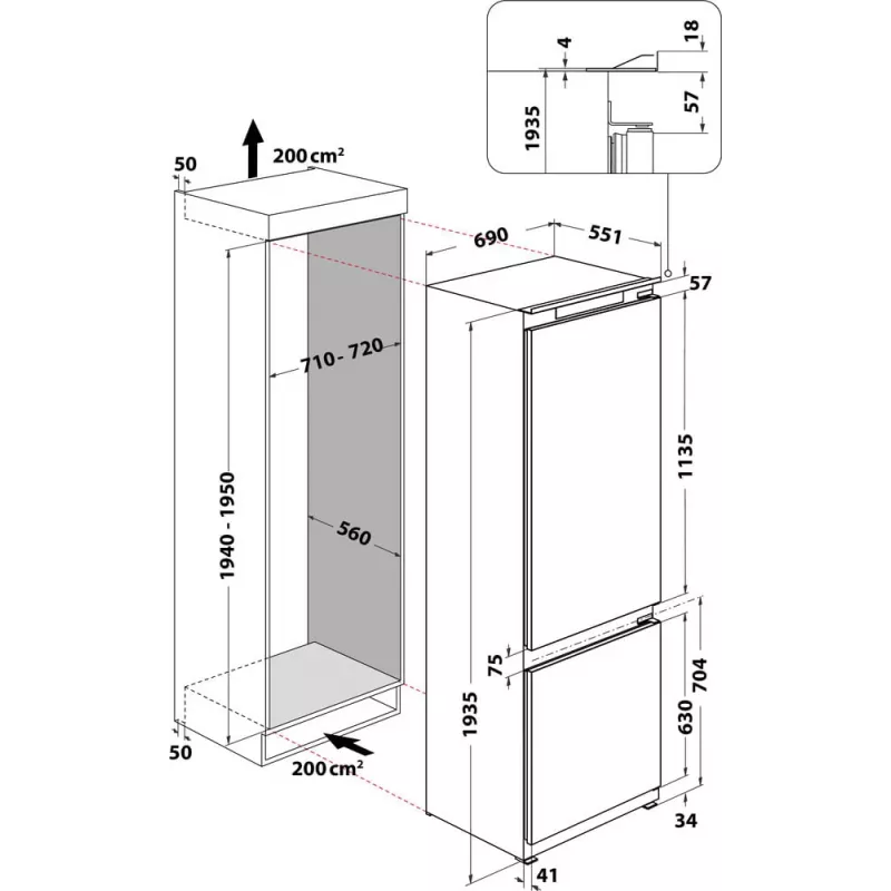 WHIRLPOOL Einbau-Kühlschrank WH SP70 T121, Breite 69 cm, Höhe 193,5 cm, Energieklasse E, No Frost
