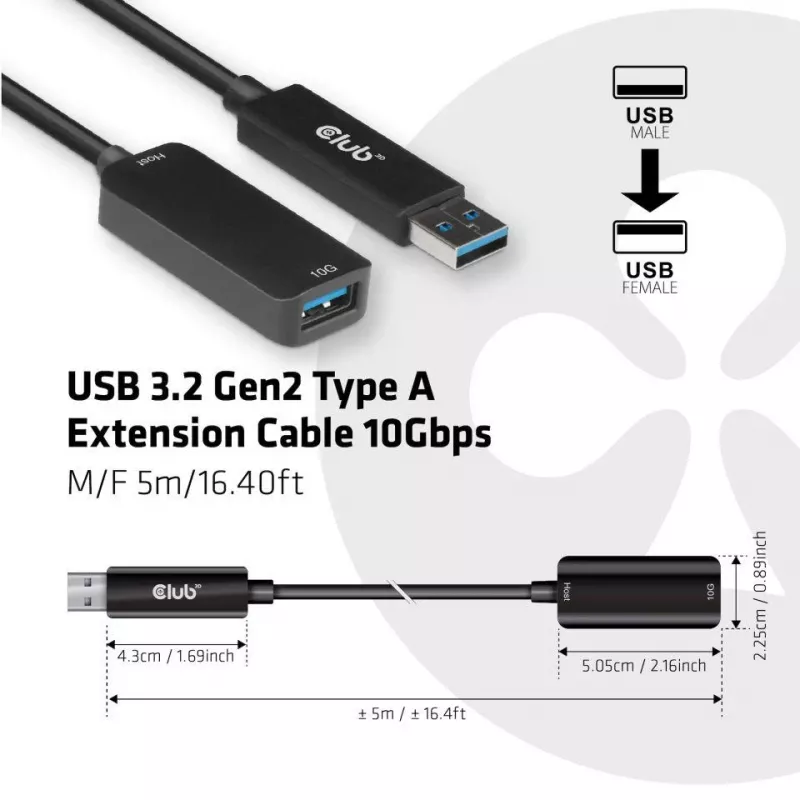 CLUB3D USB 3.2 Gen2 Typ-A-Verlängerungskabel 10 Gbit/s M/F 5 m