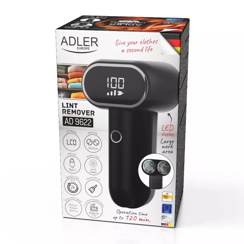 Adler | Fusselentferner | AD 9622 | Schwarz | Wiederaufladbarer Akku | 10 W
