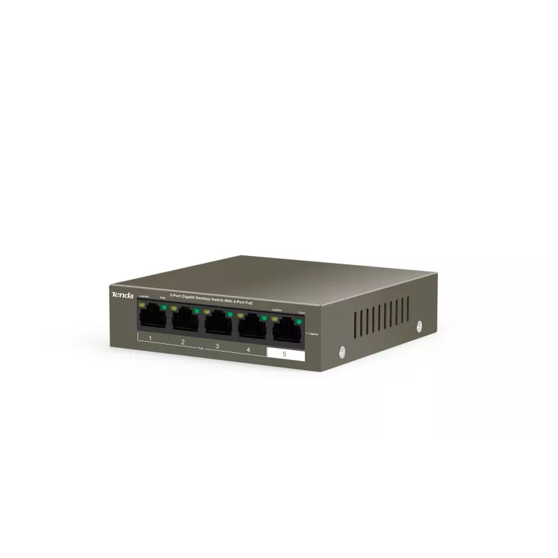 Netzwerk-Switch TENDA TEG1105P-4-63W-EU, 5x Gigabit RJ-45, 4x PoE (57,8 W gesamt), 10 Gbit/s Switching