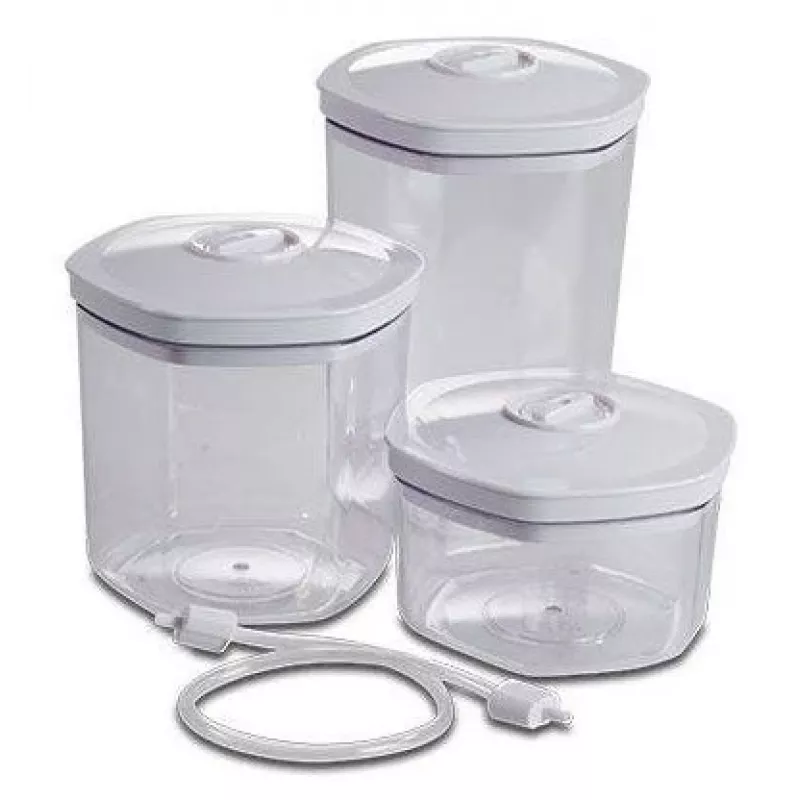 Vakuum-Lebensmittelbehälter-Set Solis 92278 — sechseckig 700 ml, 1,4 L, 2 L, weiß/transparent, geeignet für Kühl- und Gefrierschrank