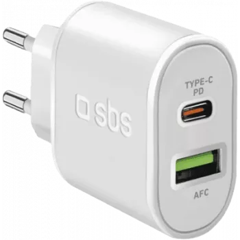 SBS - Netzteil - 20 Watt - 3 A - Schnellladung, PD - 2 Ausgangsports (USB, 24-Pin USB-C) - Weiß - Europa (TETRPD20W)