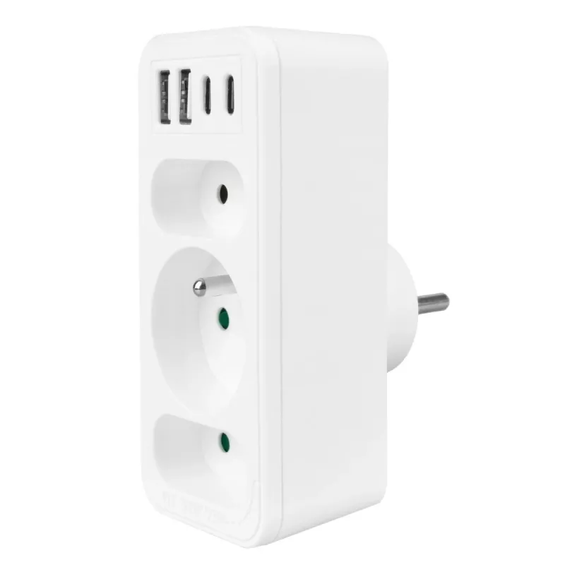 Power-Splitter MACLEAN MCE248 F/W — 3 AC-Steckdosen (1×16A, 2×6A) + 4×USB (2×A, 2×C PD 20W), EU-Stecker, weiß