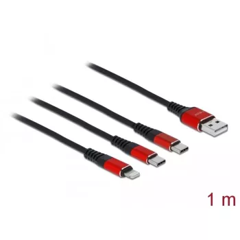 USB-Ladekabel DeLOCK 3-in-1 Typ-A auf Lightning / 2 x USB Typ-C 1 m schwarz / rot