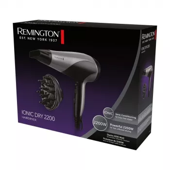 Haartrockner Remington D3190S — 2200 W, ionisch, 3 Hitzestufen, 2 Geschwindigkeiten, Kaltstufe, Diffusor & Konzentrator (Silber/Schwarz)