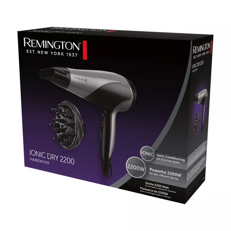 Haartrockner Remington D3190S — 2200 W, ionisch, 3 Hitzestufen, 2 Geschwindigkeiten, Kaltstufe, Diffusor & Konzentrator (Silber/Schwarz)
