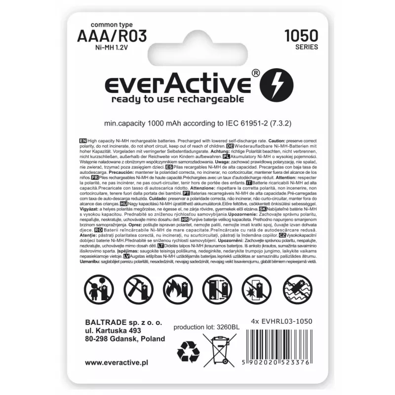 Wiederaufladbarer AAA-NiMH-Akkupack everActive EVHRL03-1050 1,2 V — 4 Stück, 1050 mAh