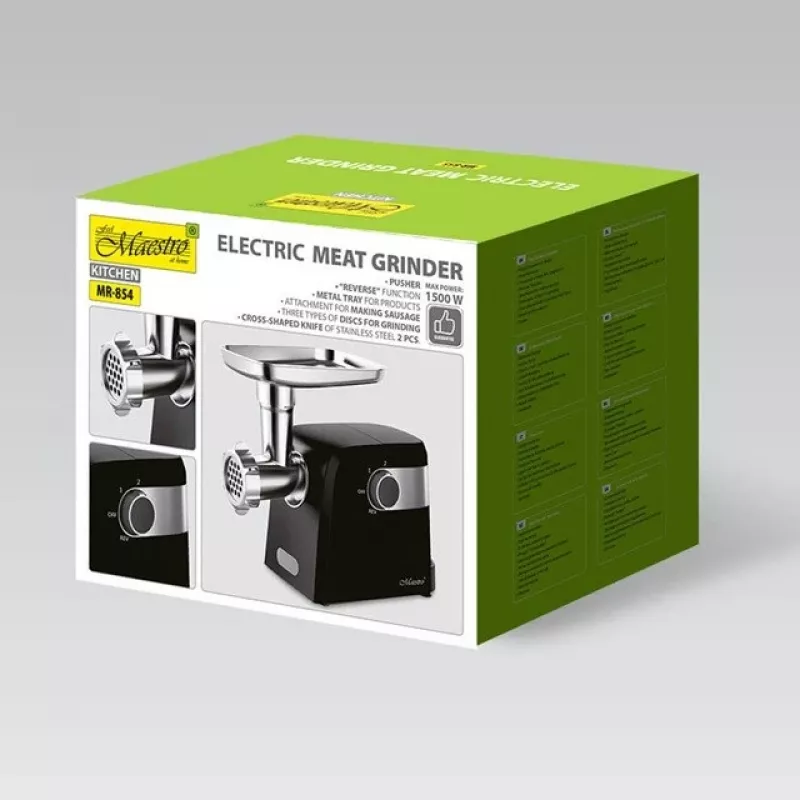 Elektrischer Fleischwolf Maestro MR-854, 1500 W, 2 Geschwindigkeiten, 3 Lochscheiben, Wurstaufsatz, schwarz
