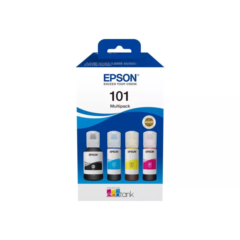 Original Epson EcoTank Tintenflasche 4-Farben-Set — Schwarz 127 ml, Cyan/Magenta/Gelb 210 ml (C13T03V64A)