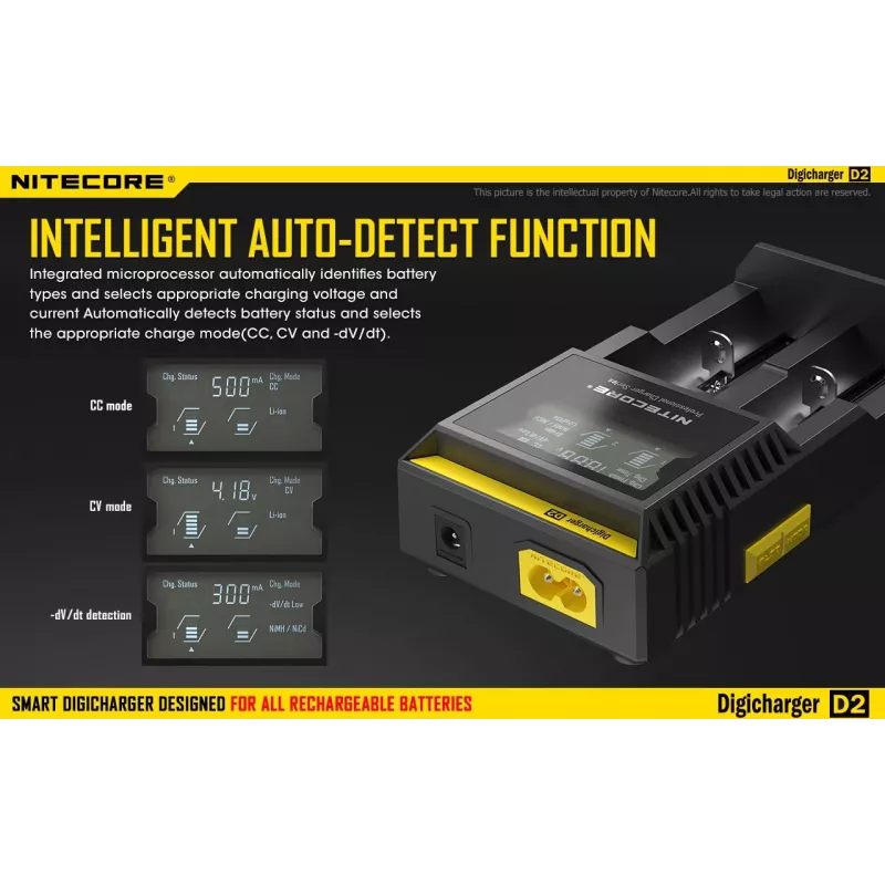Batterieladegerät Nitecore D2 — 2‑Schacht-Ladegerät für AA/AAA/AAAA/C-Akkus, 100–240V Eingangsspannung, 4,2V Ausgangsspannung, schwarz