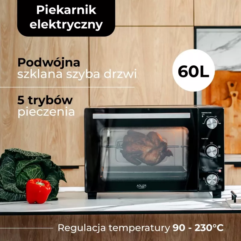 Elektroofen Adler AD 6028 — 60 l, 2000 W, freistehend, Drehregler, rotisserie, max. 230 °C, schwarz
