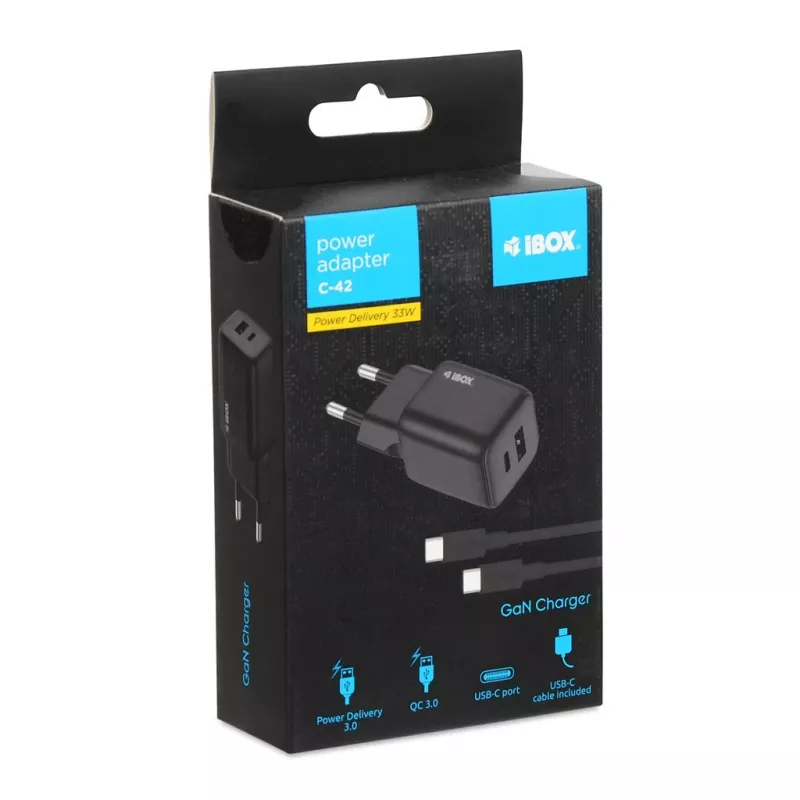 Externes Netzteil IBOX ILUC42B 12 V 2 A, 33 W, USB-A + USB-C PD3.0, QuickCharge 3.0, universell