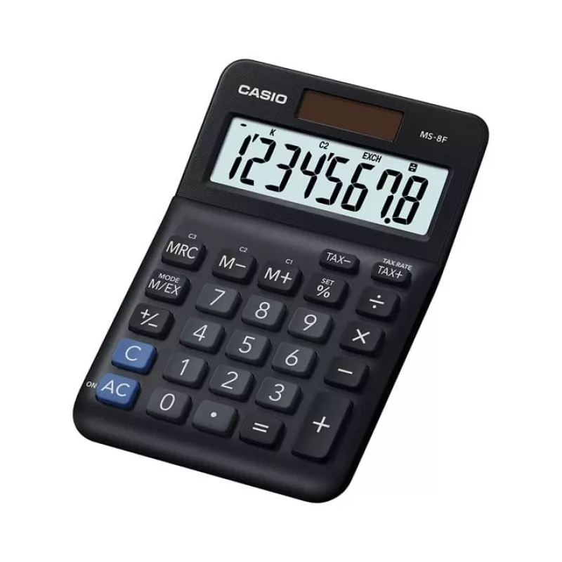 Desktop Basisrechner CASIO MS-8F – 8-stellig, Batterie/Solar, 26 Tasten, Währungs- & Steuerfunktionen, Gewinnberechnung, schwarz