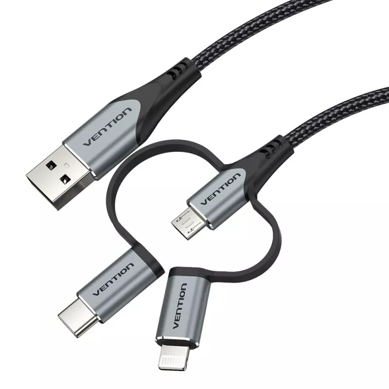 Vention USB 2.0 A Stecker auf 3-in-1 Micro-B&USB-C&Lightning Stecker Kabel 1M Grau Aluminiumlegierung