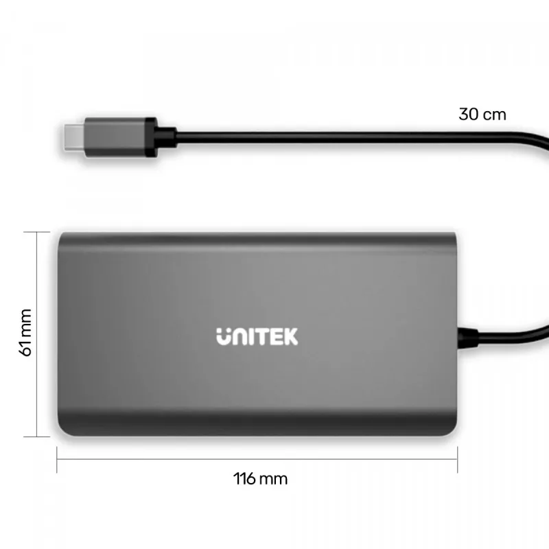 UNITEK uHUB O8+ Kabelgebundener USB 3.2 Gen 1 Type-C Hub, Grau, 100W Power Delivery