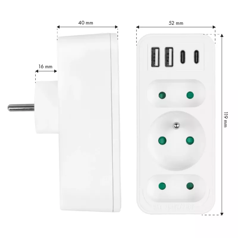 Power-Splitter MACLEAN MCE248 F/W — 3 AC-Steckdosen (1×16A, 2×6A) + 4×USB (2×A, 2×C PD 20W), EU-Stecker, weiß