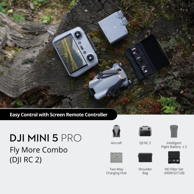 DJI MINI 5 PRO Fly More Combo (RC2) leichte 249g Drohne mit 50MP Sensor, Lidar, 3x Akkus, Fernsteuerung mit Bildschirm