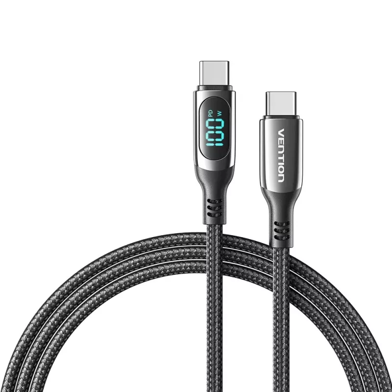 Vention Cotton Braided USB 2.0 C Male to C Male 5A Kabel With LED Display 1.2M Schwarz Zinc Alloy Type