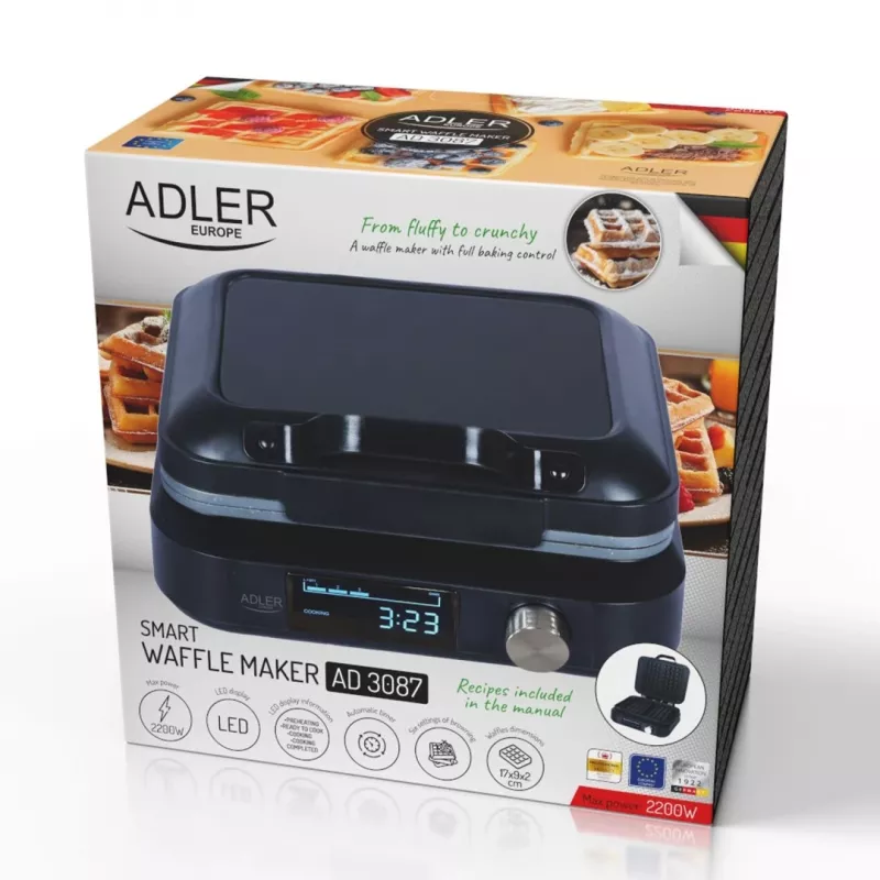 Waffeleisen Adler AD 3087 — elektrisches belgisches Waffeleisen, 2200 W, 2 rechteckige Platten 9×17 cm, schwarz