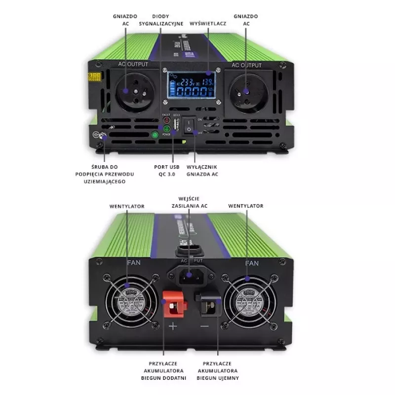 Qoltec Monolith Spannungswandler | Batterieladung | USV | 2000W | 4000W | 12V auf 230V | Reine Sinuswelle | LCD schwarz-grün