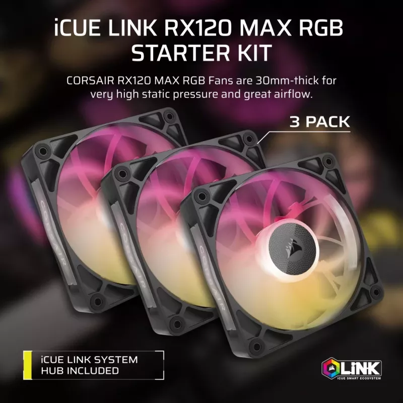 Corsair iCUE LINK RX120 MAX ARGB 120mm Gehäuselüfter 3er-Pack Schwarz