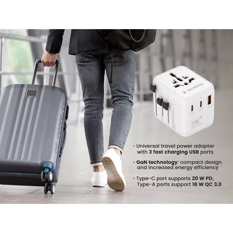 Reise-Netzteil GEMBIRD TPA-1A2C20-01-W — 20 W, USB-A (18 W) + 2× USB-C (20 W), Stecker Typ E, weiß