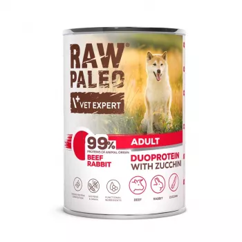 Nassfutter für Hunde VETEXPERT RAW PALEO Duoprotein Rind & Kaninchen Adult 400 g, getreidefrei, 82,1 % Feuchtigkeit
