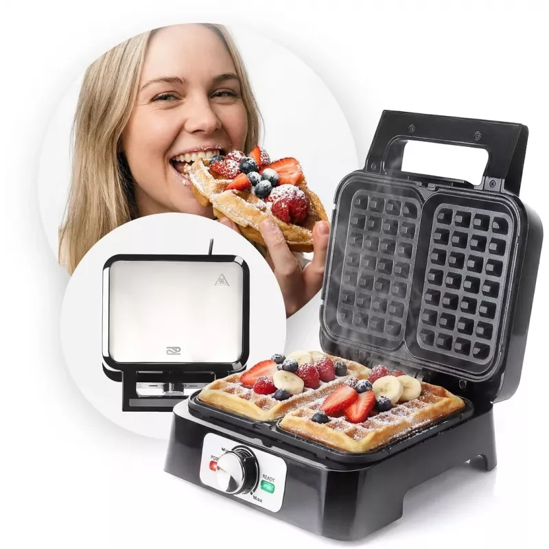 Waffeleisen PROMIS WAP1600 – 2-rechteckige Portionen Platten, 1200 W, antihaftbeschichtet, Thermostat, kühlbleibender Griff, LED-Anzeigen