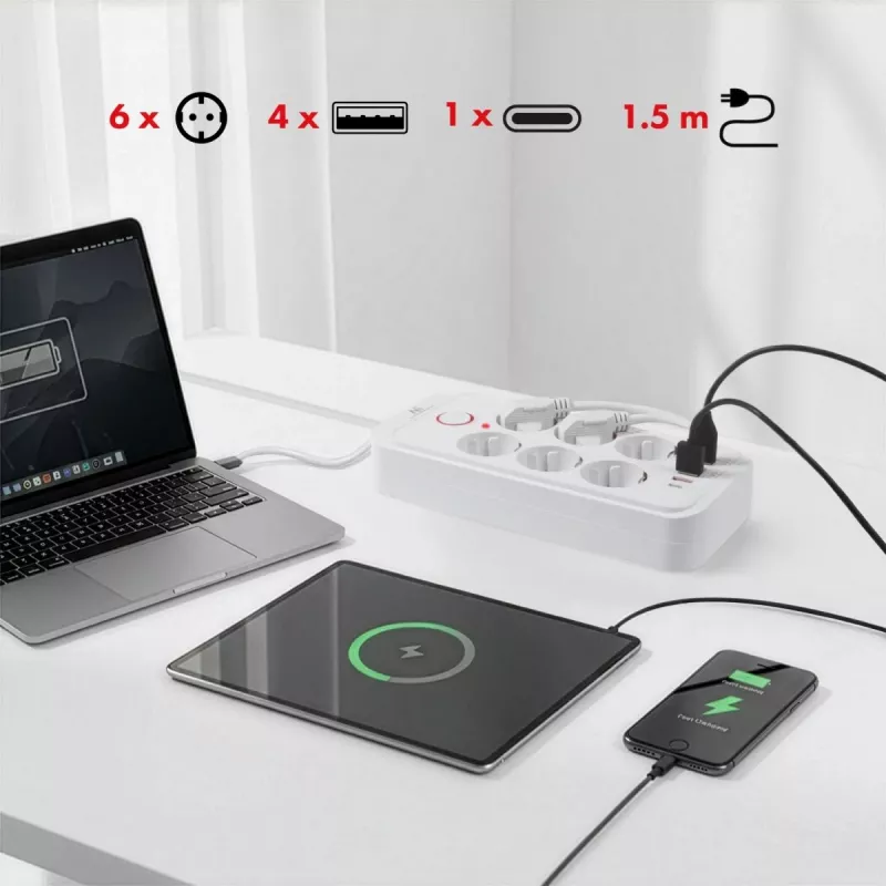 Steckdosenleiste MACLEAN MCE389 W — 6 Steckdosen, 4×USB-A, 1×USB-C, 2500W, 110–240V, 1,5 m Kabel, weiß