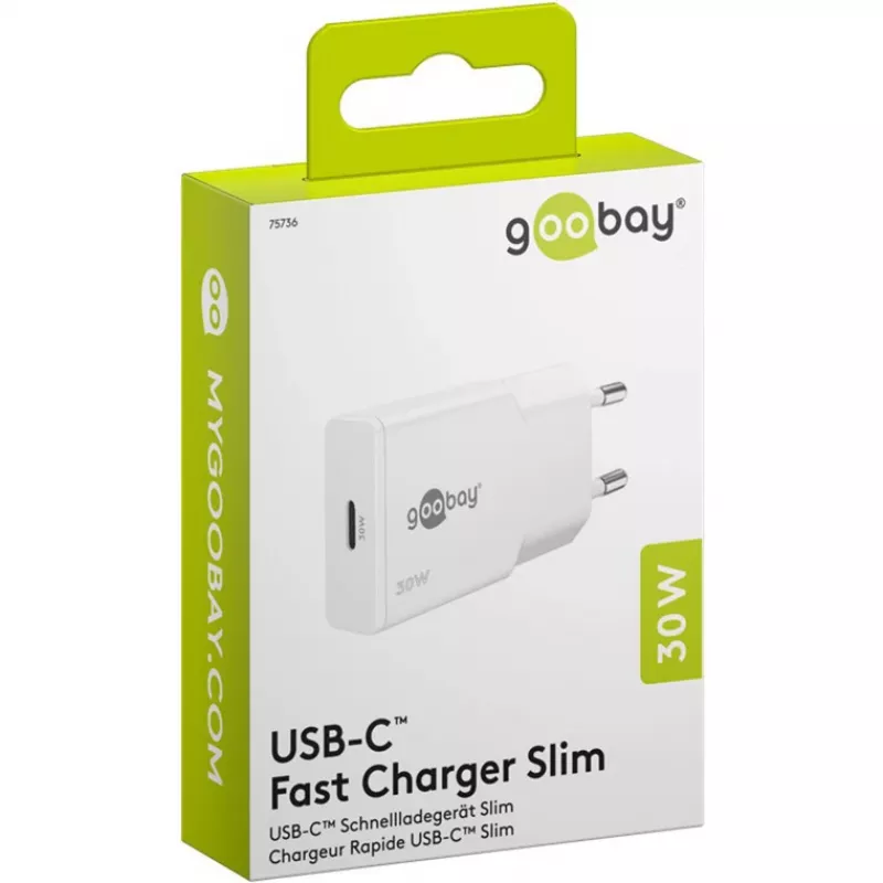 USB-C PD GaN schlank-Schnellladegerät (30 W) (Weiß)